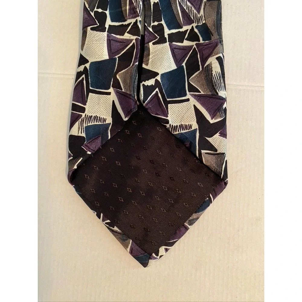 Savile Row Mens Geometric Abstract Silk Tie Purple Grey Black 90s Retro Vintage